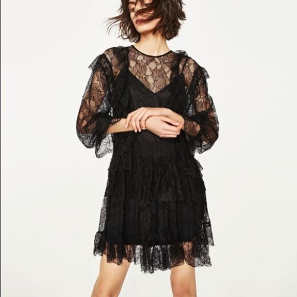 ✨ Zara black lace dress with frills✨ - Picture 3 of 13